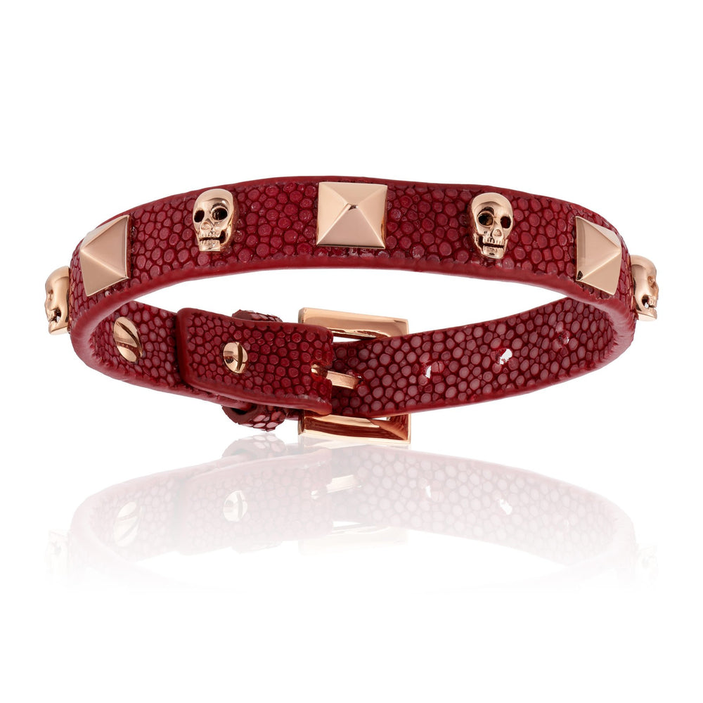 Red Wine stingray bracelet with Pink Gold Skull studs (Unisex)