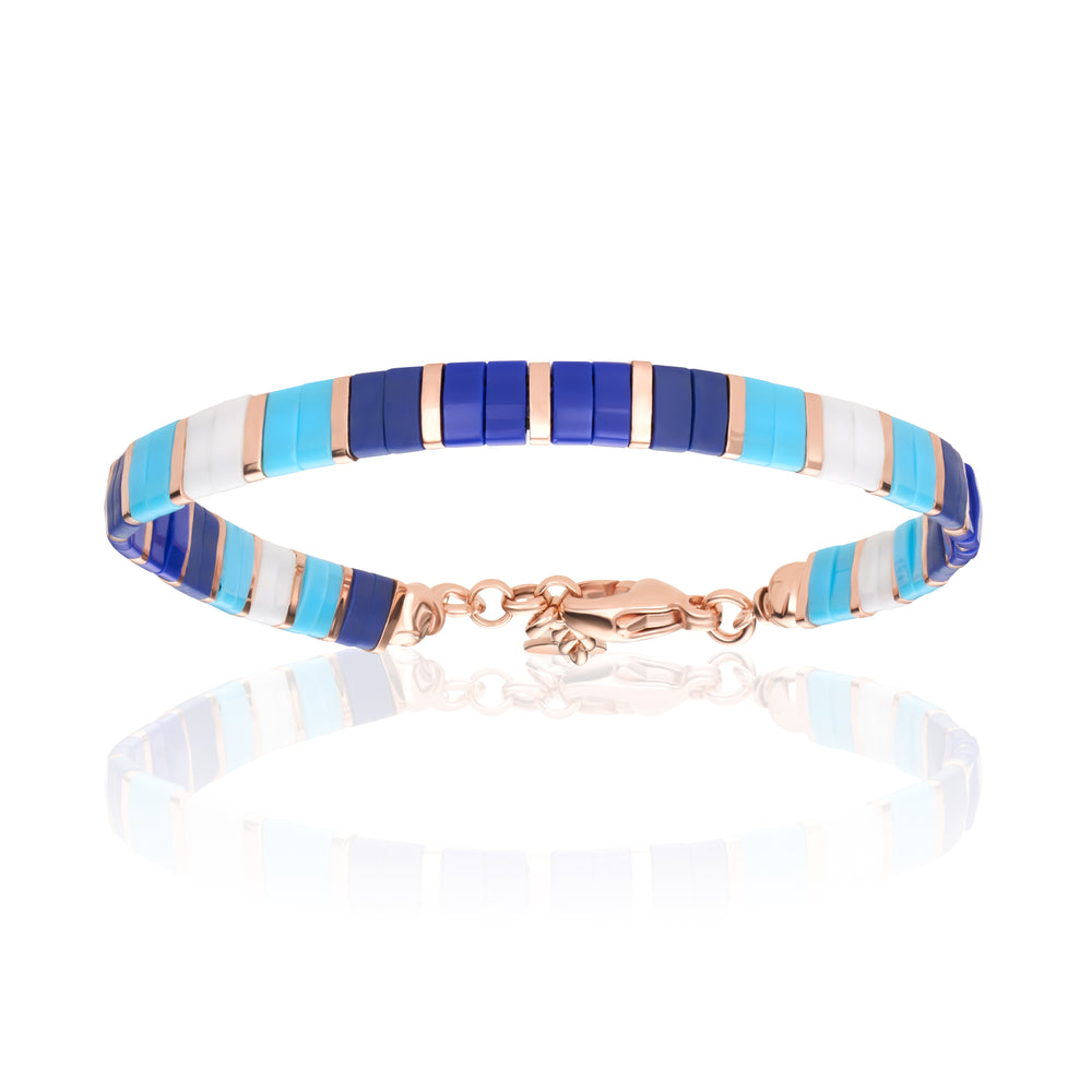 Flat Blue Stone Beaded Bracelet With Rose Gold Beads