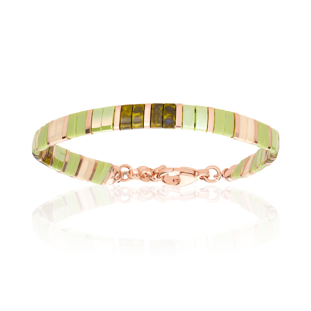 Flat Green Stone Beaded Bracelet With Rose Gold Beads