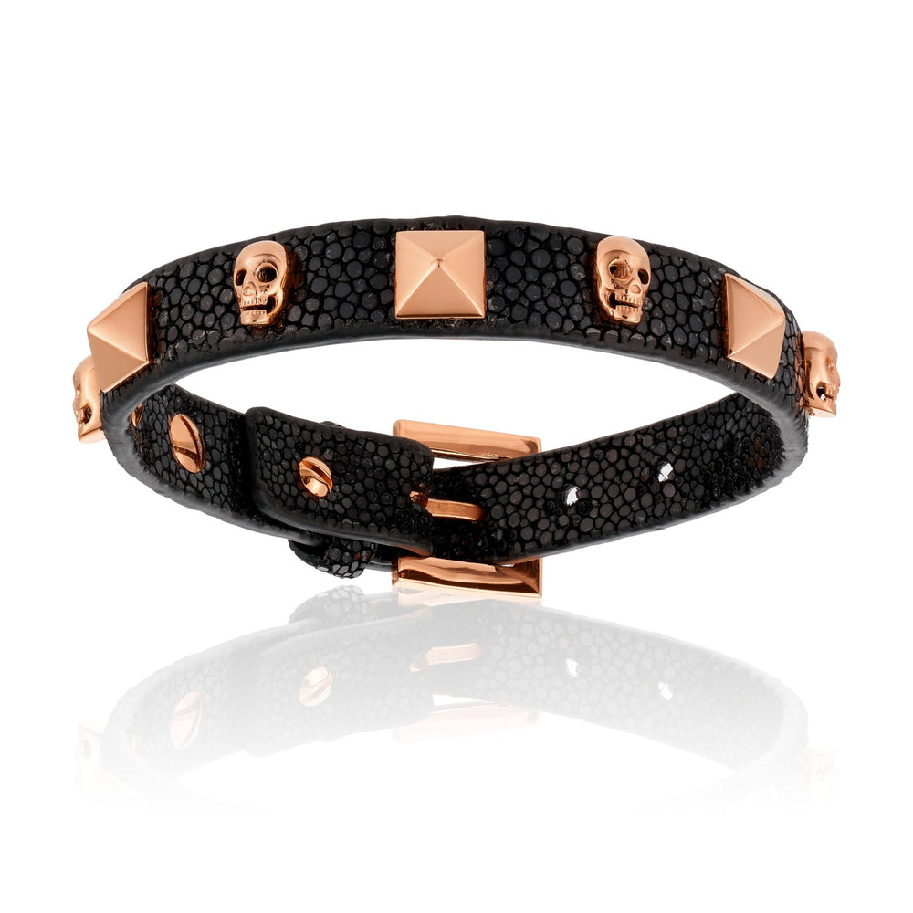 Black stingray bracelet with Rose Gold Skull Studs (Unisex)