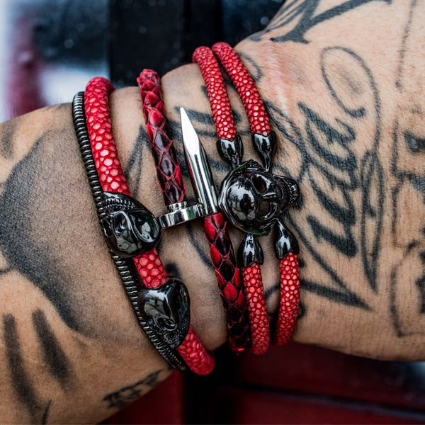 
                  
                    Red Stingray Leather with Black PVD Double Skull
                  
                