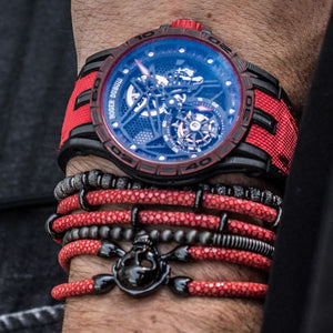 
                  
                    Red Stingray Leather with Black PVD Beads
                  
                