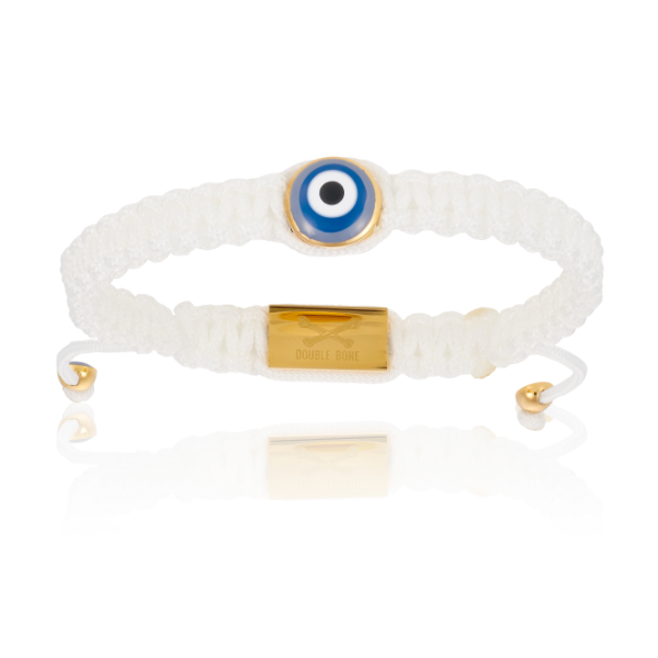 White Nylon bracelet with Yellow Gold Lucky Evil Eye