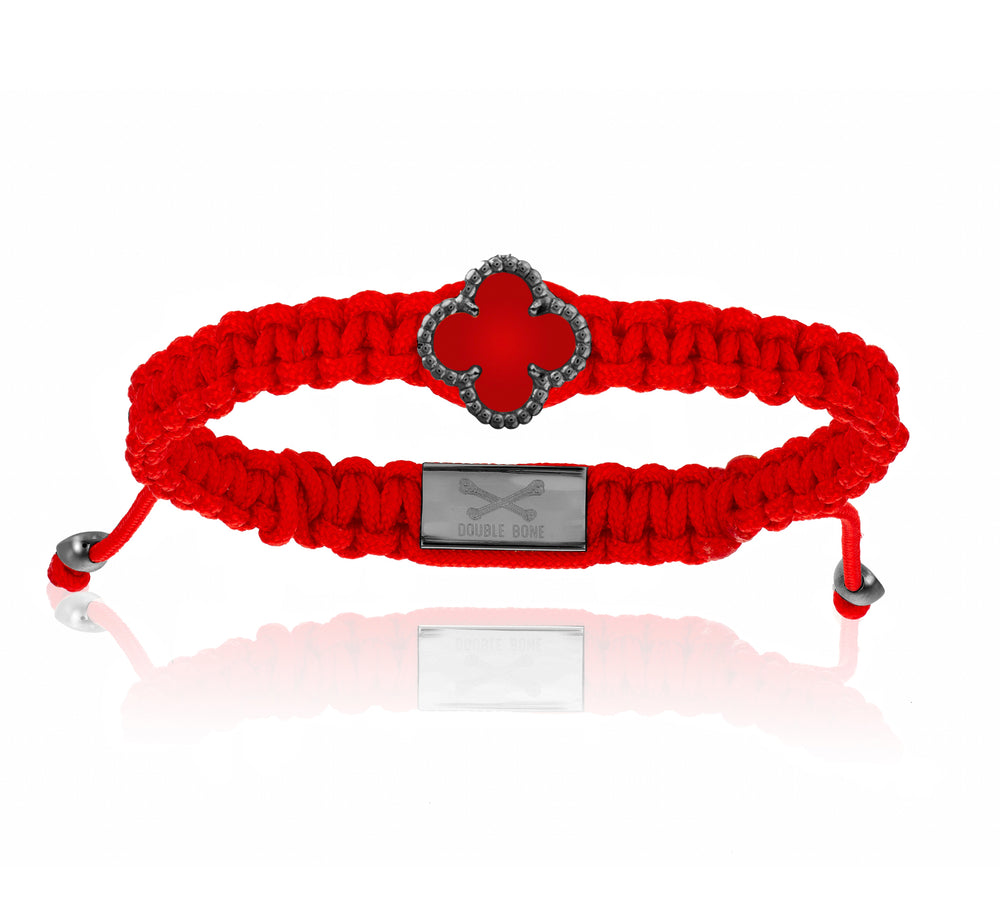 Clover Red Carnellia Stone, Red Polyester With Black PVD Bracelet