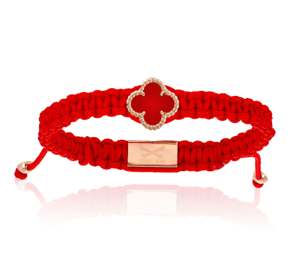 Clover Red Carnellia Stone, Red Polyester With Rose Gold Bracelet