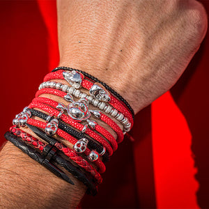 
                  
                    Red / Black Stingray Leather with Silver Beads
                  
                