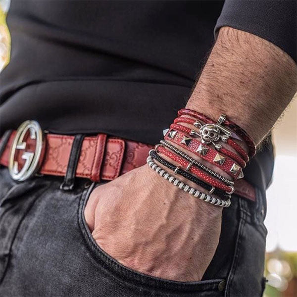 
                  
                    Red / Black Stingray Leather with Silver Beads
                  
                