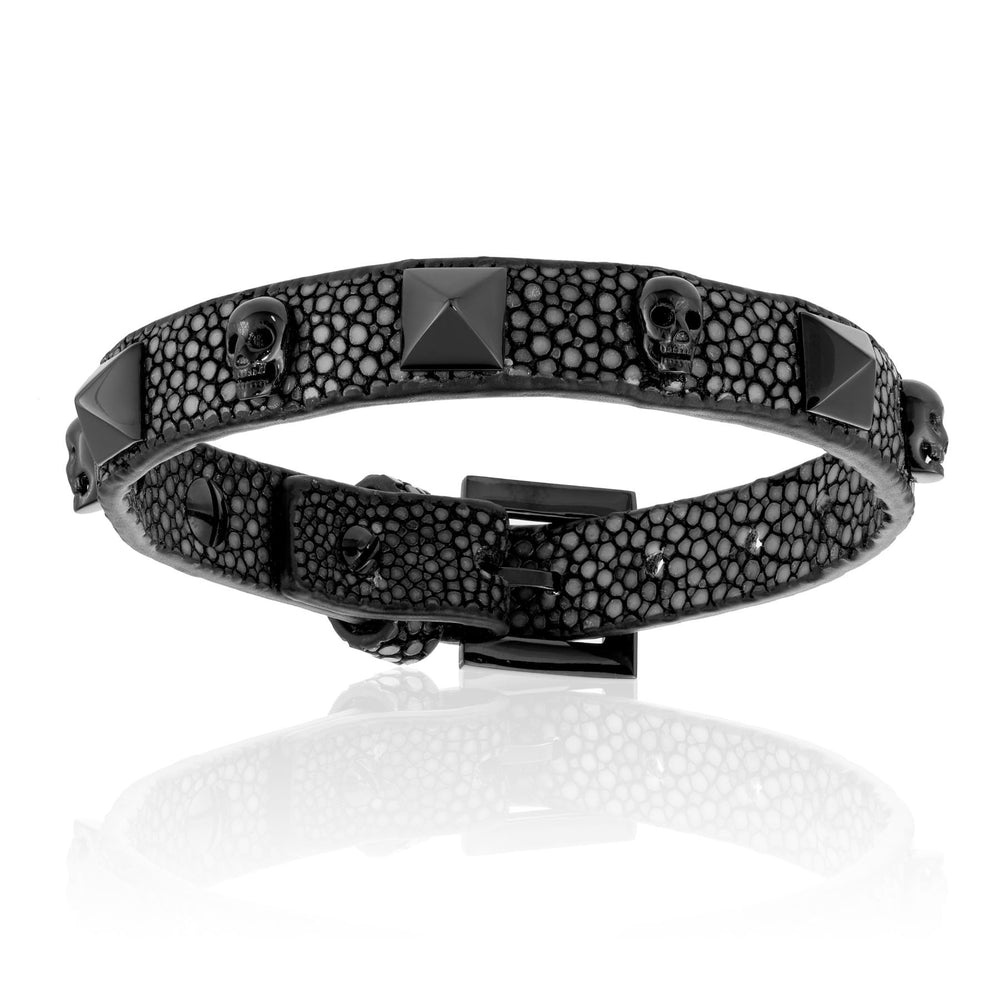 Black stingray bracelet with Black PVD Skull studs (Unisex)
