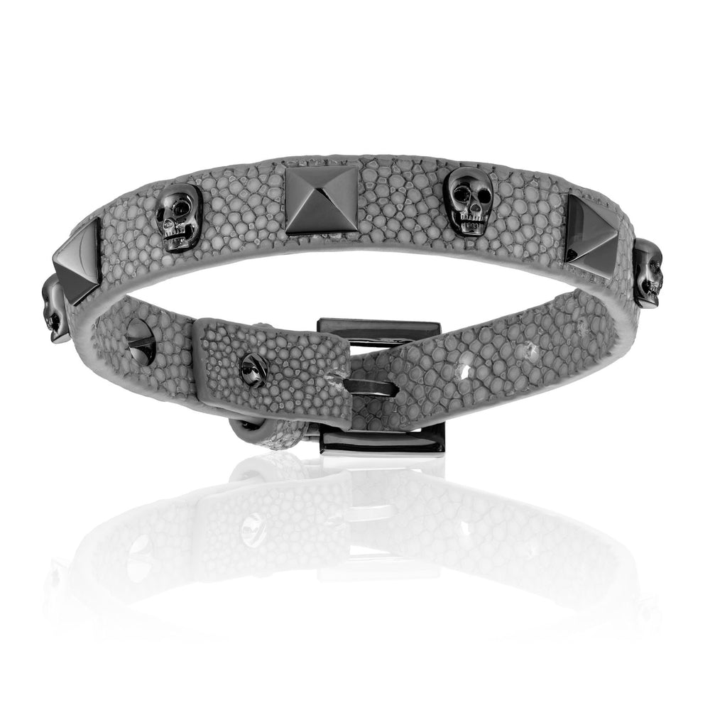 Gray stingray bracelet with Black PVD Skull studs (Unisex)