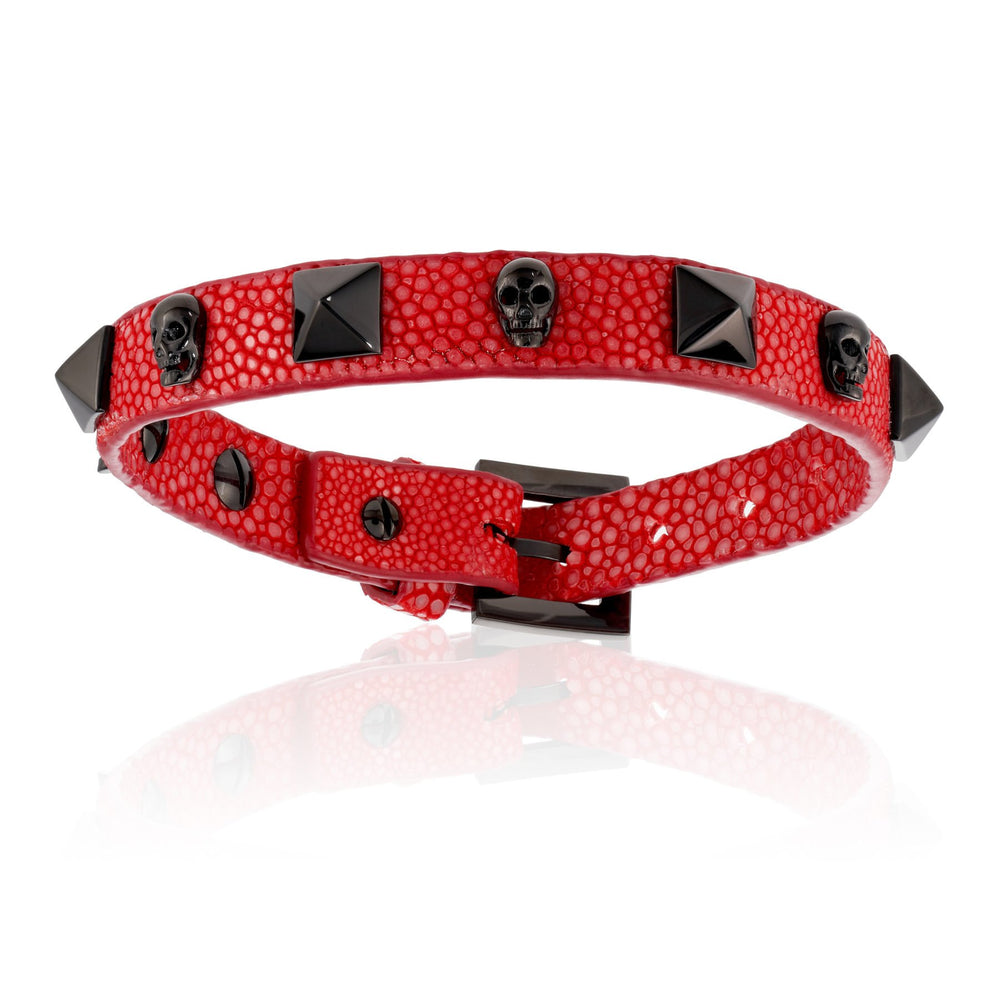 Red stingray bracelet with Black PVD Skull studs (Unisex)
