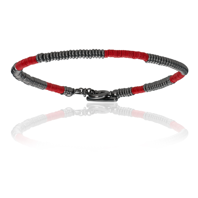 Red African Beaded Bracelet with Black PVD