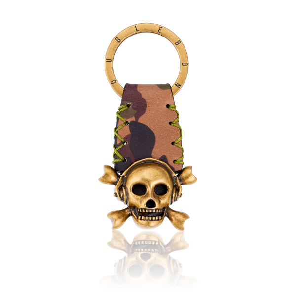 Camo Leather Keychain with Antique Brass Skull.