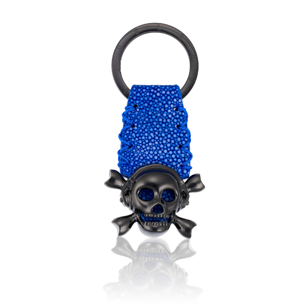 Blue Stingray Keychain with Black Skull.