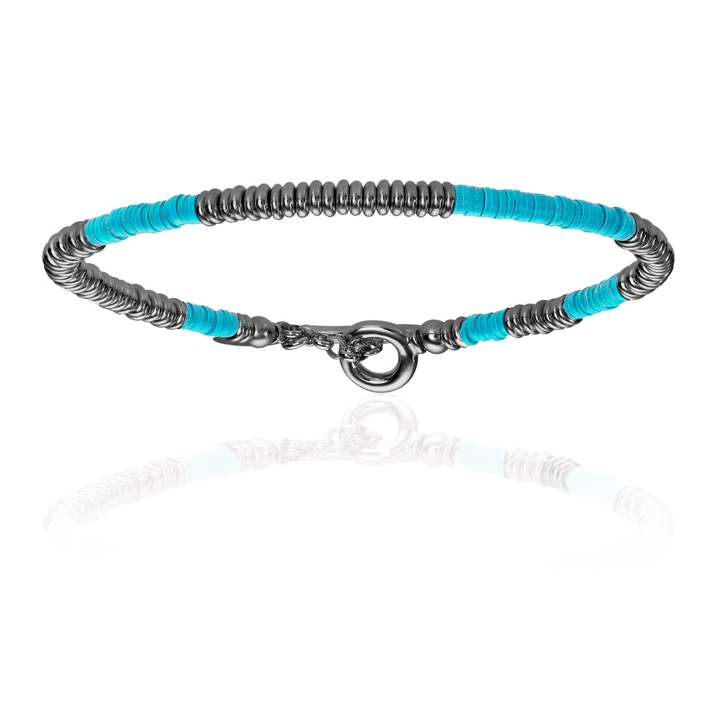 Blue Cyan African Beaded Bracelet with Black PVD