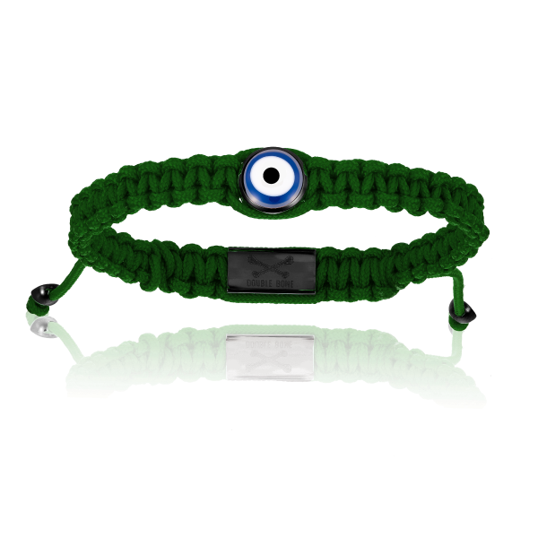 Green Military Nylon bracelet with Black PVD Lucky Evil Eye (Unisex)