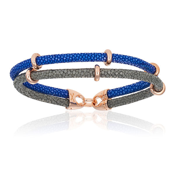 
                  
                    Gray / Blue stingray bracelet with rose gold beads (Unisex)
                  
                
