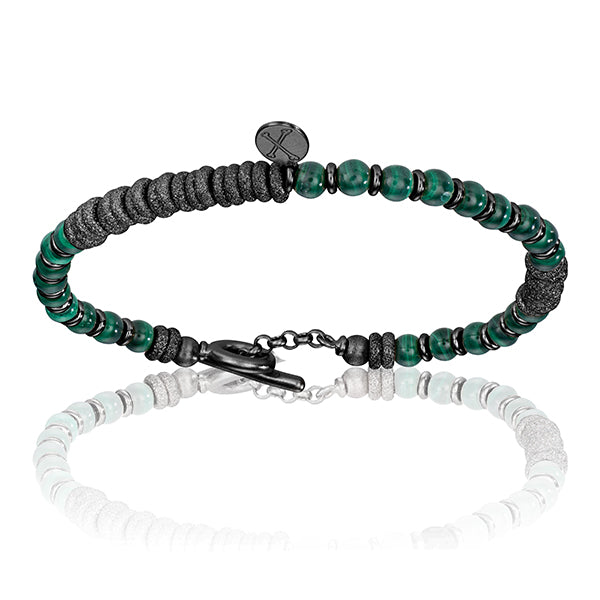 Green Malaquite Stone Beaded Bracelet with Black PVD Beads