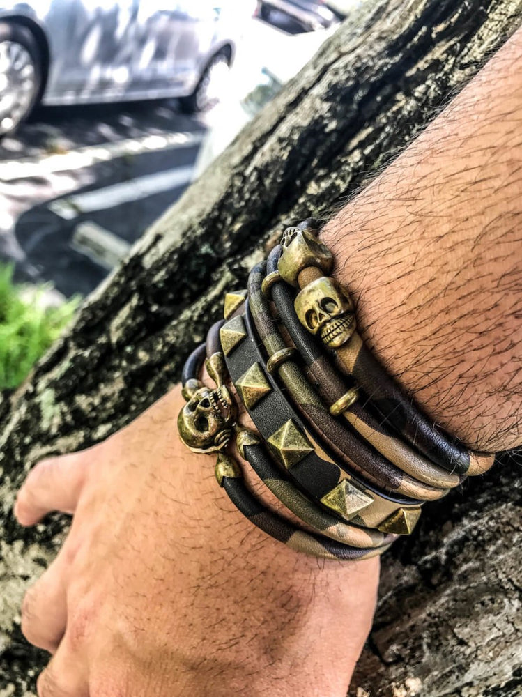 
                  
                    Camouflage Brown Leather bracelet with Antique Brass studs (Unisex)
                  
                