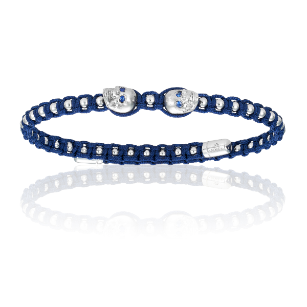 Blue Polyester Chord Bangle Bracelet with 18k White Gold and Sapphire Gems