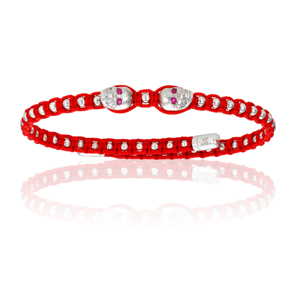 Red Polyester Chord Bangle Bracelet with 18k white Gold and Rubies Gems
