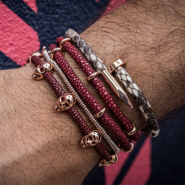 
                  
                    Red Wine Stingray Leather with Rose Gold Beads
                  
                