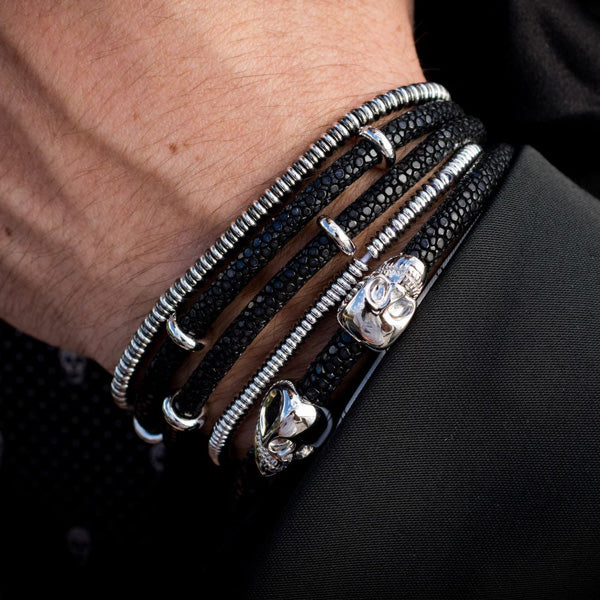 
                  
                    Black Stingray Leather with Silver Double Skull
                  
                